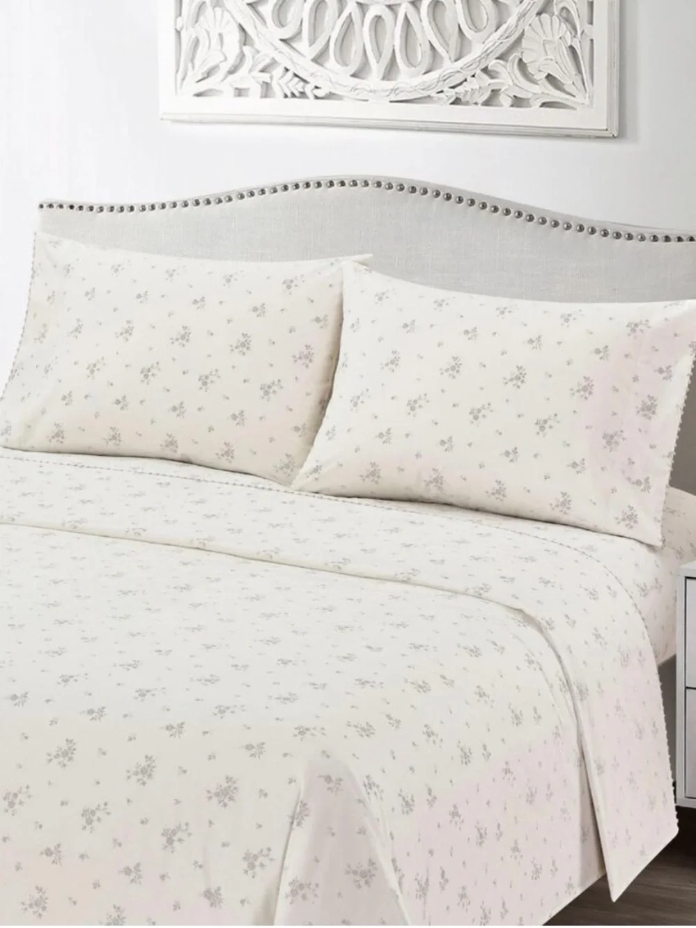 Elmwood Home Queen 4-Piece Cotton Percale Sheet Set in Soft Taupe Floral